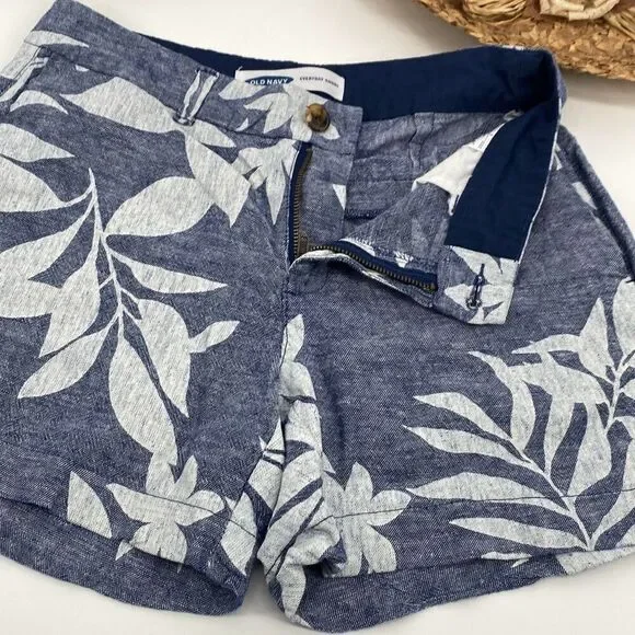 Old Navy Everyday Shorts Linen Blend Tropical Hawaiian Print Chambray Pockets Bl - Picture 2 of 10